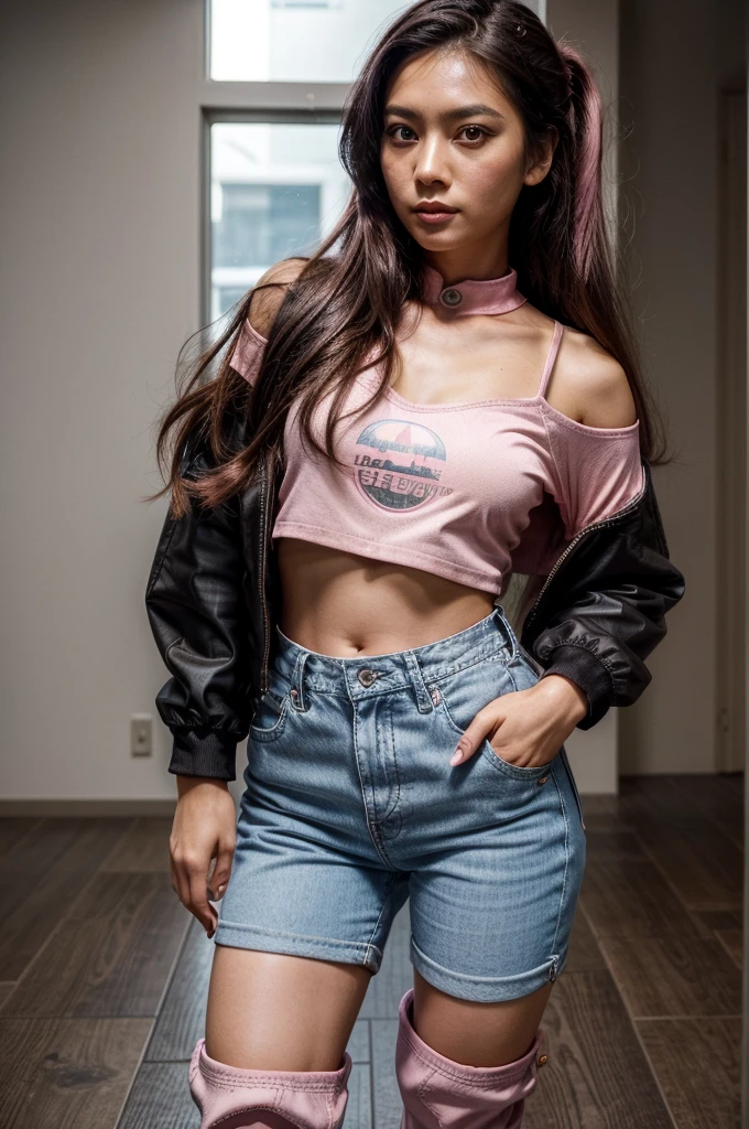 [[((young attractive Singaporean woman with strong Chinese Asian influence, a brown tanned complexion, long straight dark black hair, striking almond-shaped dark brown eyes, and a  frame:1.6)), ((Sophie Tan:1.5)), standing confidently on a staircase in a Y2K fashion outfit. She is wearing ((a neon yellow cropped top with long sleeves, light blue denim jeans with star patches, and pink platform boots:1.4)). Her hair is styled in two buns on top of her head, giving her a cute and fashionable look. The background features a modern indoor staircase with natural lighting. The scene is captured with a ((full-frame DSLR:1.4)) using a ((50mm prime lens:1.4)) to keep Sophie in sharp focus while the background is slightly blurred. Professional lighting enhances her natural features and the vibrant colors of her outfit. The image should be in ((8K resolution:1.5)) with ((hyper-realistic detail:1.6)). The focus is entirely on Sophie’s trendy Y2K outfit, her confident pose, and her playful hairstyle, capturing her essence perfectly for an Instagram photo.]]
