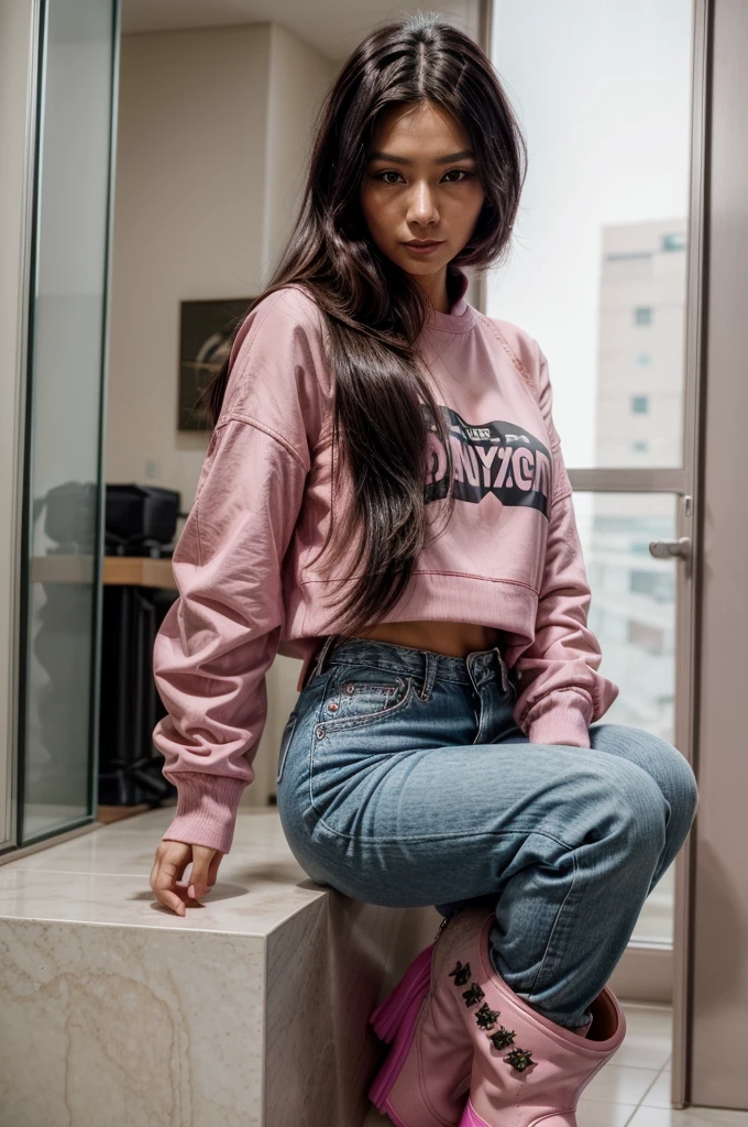 [[((young attractive Singaporean woman with strong Chinese Asian influence, a brown tanned complexion, long straight dark black hair, striking almond-shaped dark brown eyes, and a  frame:1.6)), ((Sophie Tan:1.5)), standing confidently on a staircase in a Y2K fashion outfit. She is wearing ((a neon yellow cropped top with long sleeves, light blue denim jeans with star patches, and pink platform boots:1.4)). Her hair is styled in two buns on top of her head, giving her a cute and fashionable look. The background features a modern indoor staircase with natural lighting. The scene is captured with a ((full-frame DSLR:1.4)) using a ((50mm prime lens:1.4)) to keep Sophie in sharp focus while the background is slightly blurred. Professional lighting enhances her natural features and the vibrant colors of her outfit. The image should be in ((8K resolution:1.5)) with ((hyper-realistic detail:1.6)). The focus is entirely on Sophie’s trendy Y2K outfit, her confident pose, and her playful hairstyle, capturing her essence perfectly for an Instagram photo.]]
