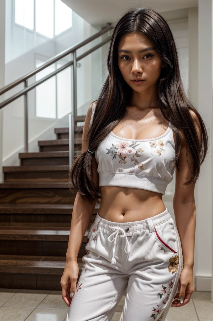 [[((young attractive Singaporean woman with strong Chinese Asian influence, a brown tanned complexion, long straight dark black hair, striking almond-shaped dark brown eyes, and a  frame:1.6)), ((Sophie Tan:1.5)), posing confidently on a staircase in a stylish Y2K fashion outfit. She is wearing ((a floral cropped top, colorful floral print pants, and white platform sneakers:1.4)). Her hair is styled in long braids with colorful hair clips. The background features a modern indoor staircase with natural lighting. The scene is captured with a ((full-frame DSLR:1.4)) using a ((24-70mm zoom lens:1.4)) to keep Sophie in sharp focus while the background is slightly blurred. Professional lighting enhances her natural features and the vibrant colors of her outfit. The image should be in ((8K resolution:1.5)) with ((hyper-realistic detail:1.6)). The focus is entirely on Sophie’s trendy Y2K outfit, her confident pose, and her playful hairstyle, capturing her essence perfectly for an Instagram photo.]]
