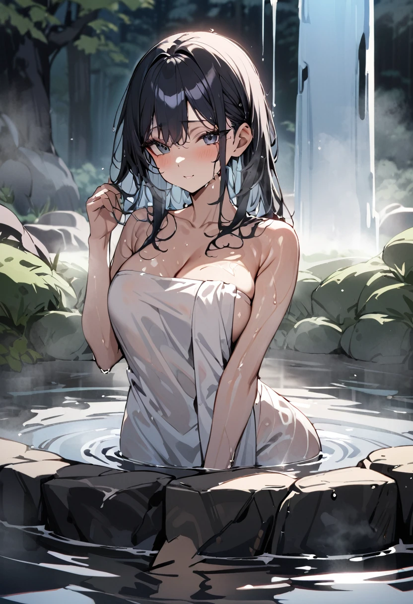 (masterpiece), (best quality:1.4), absurdres, [:intricate details:0.2], 1girl, (naked towel), (geyser, onsen:1.2), moist skin, (fog:1.2), mist, shiny skin, glossy skin, (partially submerged in the onsen:1.2), (wet hair:1.2), mist, wet, moisture,