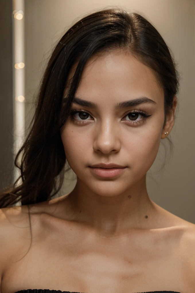a beautiful young woman, cute woman, pretty woman, face detailled, small forehead, small, brow, lightnning luminosity, persistant regard, beautiful look, detailed portrait, realistic, long black hair, gorgeous face, plump lips, black eyes, small nose, dimple, high quality, 8k, hyper realistic, photorealistic award winning, studio lighting, latina girl, mixed race, bronze