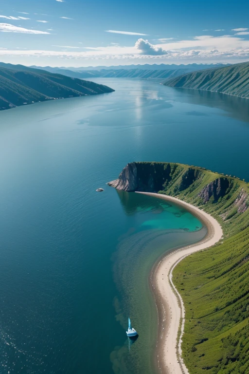 Lake Baikal,clear ice water.A boat is visible near the horizon, hovering above the surface of the water.. In the foreground is the landmark of the lake shaman stone