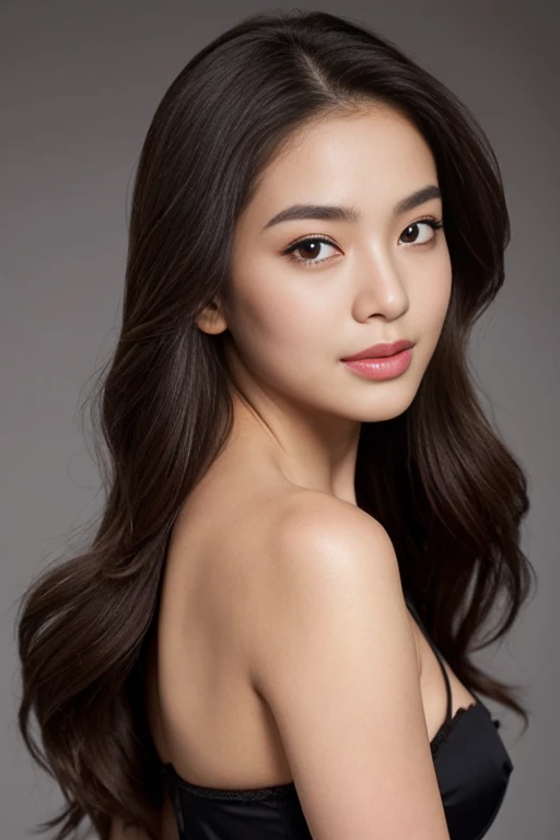 create a (( Middle of the picture )) A realistic portrait of a beautiful Asian woman., smooth, Beautiful, flawless skin. she is big, round, The eyes sparkle with long, naturally curved eyelashes., and is well defined, Dark eyebrows. Her nose is straight and high., and her natural pink color, Soft lips create a gentle smile.. She has short legs, Brown hair is slightly curly, emphasizing her delicate face.. Her face is oval shaped., Has a broad and high forehead, Cheekbones of medium height, and pointed tip, Slender chin. She wore black lingerie that complemented her elegant and feminine appearance.. (( waist to top)) (random background,In casinos,VIP casino room, Modern Casino Console, Modern Slot Machines )