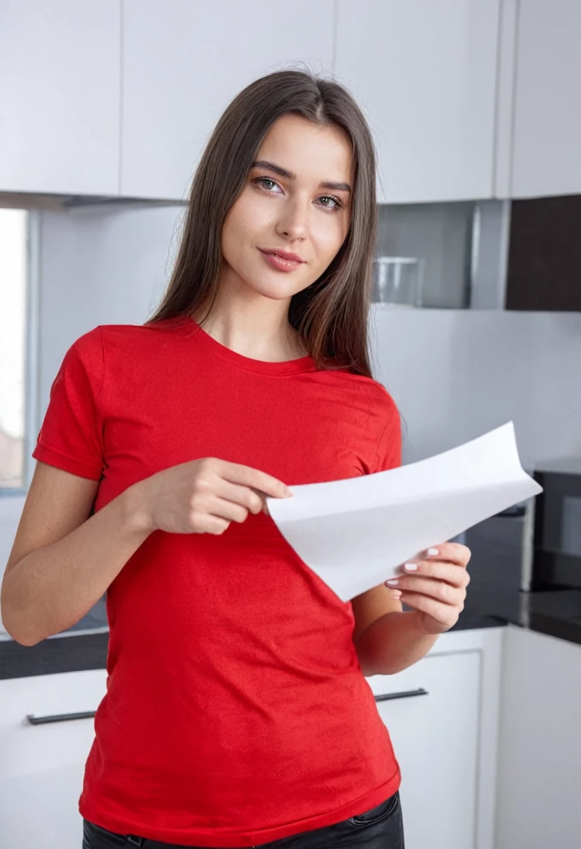 dark brown long haired European sexy curved juicy girl in a red T-shirt is holding a piece of paper in her hands looking at the camera, kitchen daylight