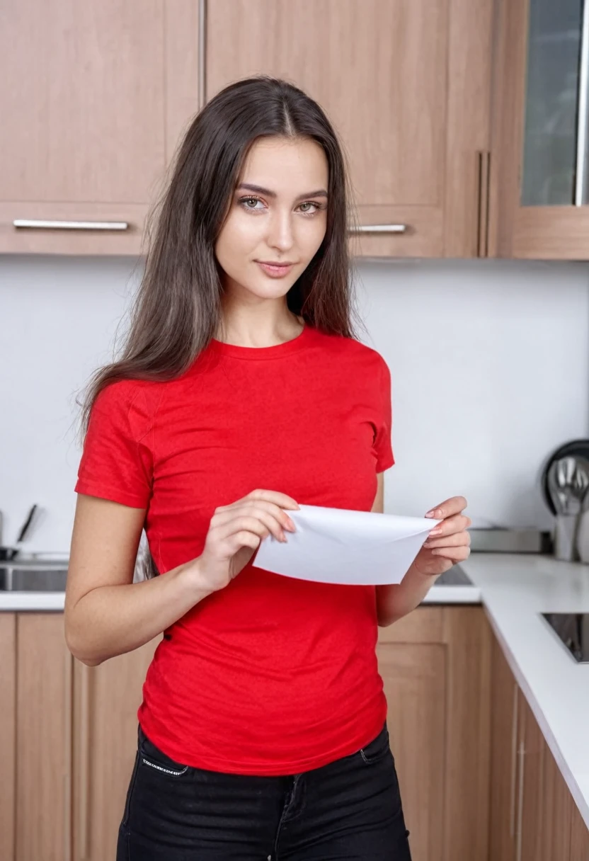 dark brown long haired European sexy curved juicy girl in a red T-shirt is holding a piece of paper in her hands looking at the camera, kitchen daylight