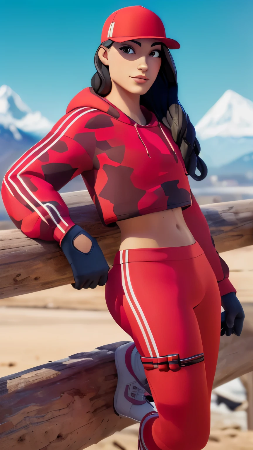 (((portrait:1.4)), leaning on a wood reeling, frontal view, mountains in background))(ruby, red cap, red outfit:1.2, red pants, black gloves, white shoes), beautiful girl, high detail skin, high detail eyes, high detail hair, highres, ultra detailed, sharpen picture, Highly detailed, masterpiece, best quality, photorealistic,