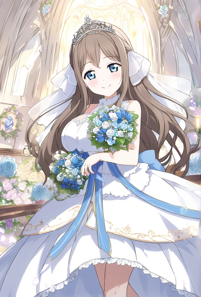 Sakurazaka Shizuku　Brown Hair　Light blue eyes　Long Hair　Big hair ribbon　tiara　black and white wedding dress　Light blue floral decoration dress　church　smile　Huge breasts　Shining　Tears of joy　Light blue flower bouquet