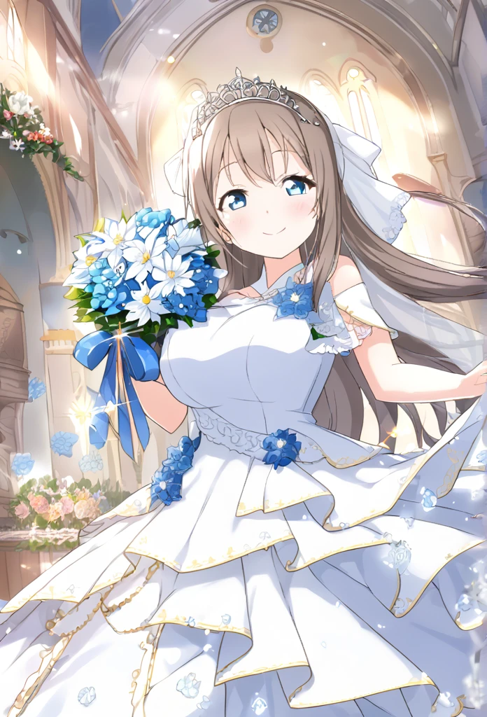 Sakurazaka Shizuku Brown Hair Light blue eyes Long Hair Big hair ribbon tiara black and white wedding dress Light blue floral decoration dress church smile Huge breasts Shining Tears of joy Light blue flower bouquet