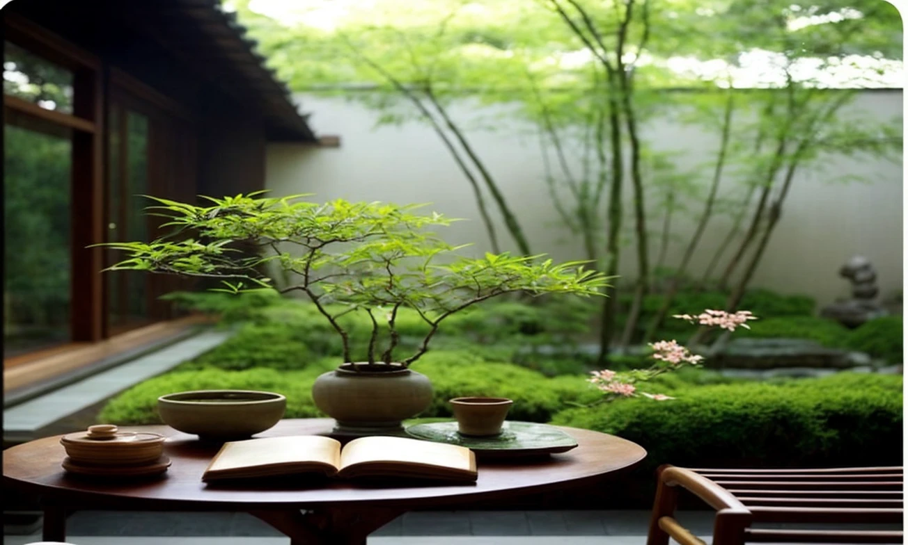 Soft sunlight against the backdrop of a traditional Japanese garden、Morning calm outdoor scene。On the central wooden round table、Green bonsai and flowers in ceramic pots are displayed.、An open book and a cup are placed on it。Behind the glass sliding door on one side is a pond, birds, and bamboo. There is a beautiful garden with lush plants.。The overall scene is full of spring greenery and the beauty of nature.。One screen and one table。
A s
A serene indoor scene with a traditional Japanese garden in the background。On the central wooden round table、Green plants and flowers in ceramic pots are displayed.、An open book and a cup are placed on it。Behind the glass sliding door waterfall bamboo There is a beautiful garden with lush plants.。The overall scene exudes tranquility and natural beauty.。One screen and one table。 erene indoor scene with a traditional Japanese garden in the background。On the central wooden round table、Green plants and flowers in ceramic pots are