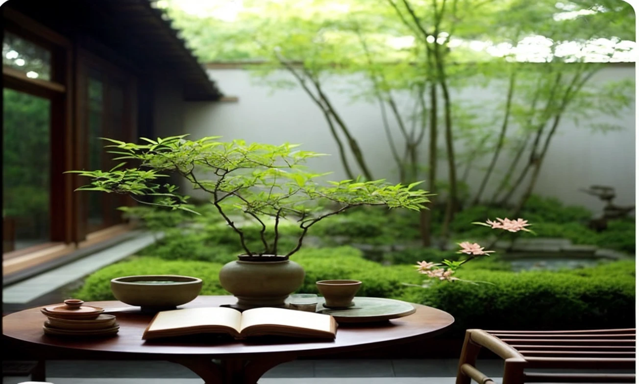 Soft sunlight against the backdrop of a traditional Japanese garden、Morning calm outdoor scene。On the central wooden round table、Green bonsai and flowers in ceramic pots are displayed.、An open book and a cup are placed on it。Behind the glass sliding door on one side is a pond, birds, and bamboo. There is a beautiful garden with lush plants.。The overall scene is full of spring greenery and the beauty of nature.。One screen and one table。
A s
A serene indoor scene with a traditional Japanese garden in the background。On the central wooden round table、Green plants and flowers in ceramic pots are displayed.、An open book and a cup are placed on it。Behind the glass sliding door waterfall bamboo There is a beautiful garden with lush plants.。The overall scene exudes tranquility and natural beauty.。One screen and one table。 erene indoor scene with a traditional Japanese garden in the background。On the central wooden round table、Green plants and flowers in ceramic pots are