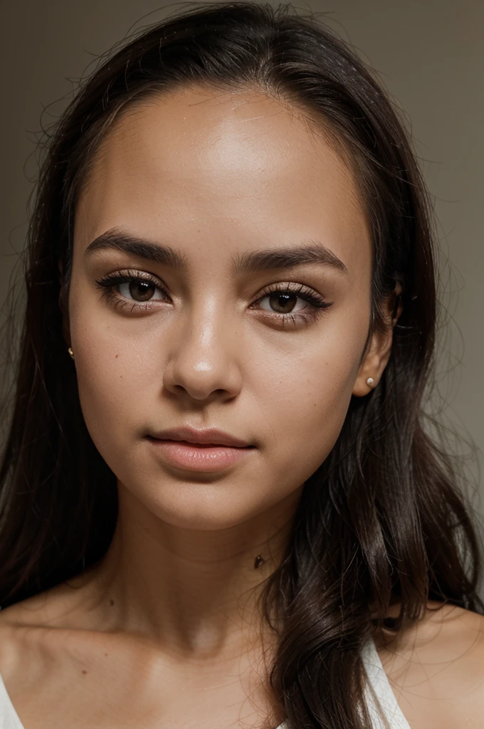 a beautiful young woman, cute woman, pretty woman, face detailled, small forehead, small, brow, lightnning luminosity, persistant regard, beautiful look, detailed portrait, realistic, long black hair, gorgeous face, plump lips, black eyes, small nose, dimple, high quality, 8k, hyper realistic, photorealistic award winning, studio lighting, latina girl, mixed race, bronze, little face