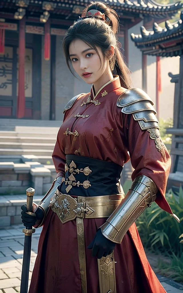 Game Art,Best picture quality,Maximum resolution,8K,(Half-length photo),(Head close-up),(Rule of Thirds),Unreal Engine 5 rendering works, (Future Girl),(Female Warrior),
18-year-old Korean girl,The facial features are beautiful and delicate(A gentle smile facing the camera)(Chinese samurai),(Short ponytail hairstyle),Eyes full of details,(Large Breasts),Elegant and noble,
(Costumes with Chinese swordsman elements,figure服饰,armor,The costume is red and gold,Heavy Armor,Joint armor),(Chinese Hanfu:1.3),figure,Fantasy style,
Photo poses,Field background,light,Ray Tracing,Game CG,((3D Unreal Engine)),oc rendering reflection pattern,