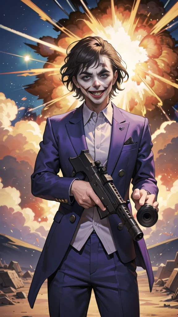 Masterpiece, best quality, The Joker wears a purple suit., , look at viewer, Aim the gun., ถือpistol, look at viewer, stand, , ((pistol)),((Aim the gun.ไปที่ผู้ชม)),gun possession, desert, Laugh and laugh ,(explosion from gun:1.5) , (lots of smoke)