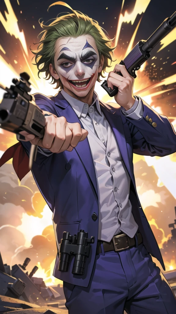 Masterpiece, best quality, The Joker wears a purple suit., , look at viewer, Aim the gun., ถือpistol, look at viewer, stand, , ((pistol)),((Aim the gun.ไปที่ผู้ชม)),gun possession, desert, Laugh and laugh ,(explosion from gun:1.5) , (lots of smoke)