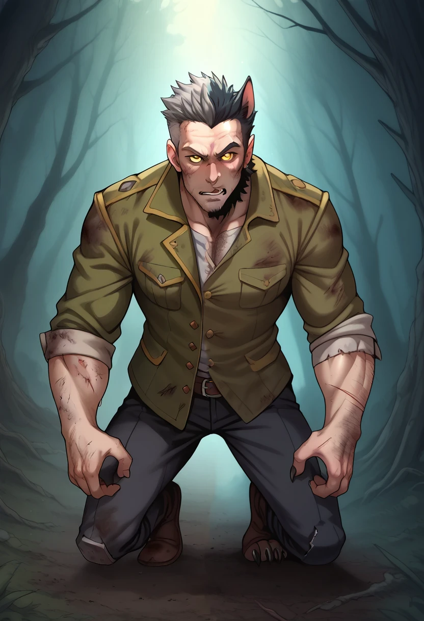 (zPDXL2), score_9_up, BREAK
((werewolf:1.5)), ((tall), bruises, abrasions, cuts, wounds), (black fur, Dirty, disheveled), (glowing yellow eyes), (dirty grey thorn cloth),
(dark forest, night forest), BREAK AissistXLv2, unaestheticXL_bp5, SimplePositiveXLv2, zPDXL2 PonyXLV6_Scores