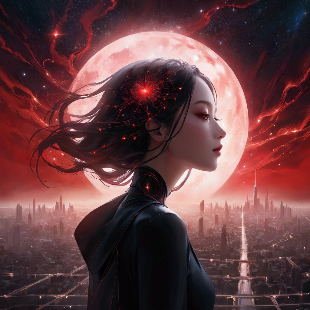 night, Attractive woman face fading away, 创造出mystery的液体阴影漩涡. Abstract liquid aesthetics, Its delicate features are distorted but still fascinating.,  Starry Sky，fantasy，magic，mystery，illusory，Dreamy，Inverted red symmetrical city silhouette in the sky, Dramatic lighting，high quality，Octane Rendering，Concept map of the scene,