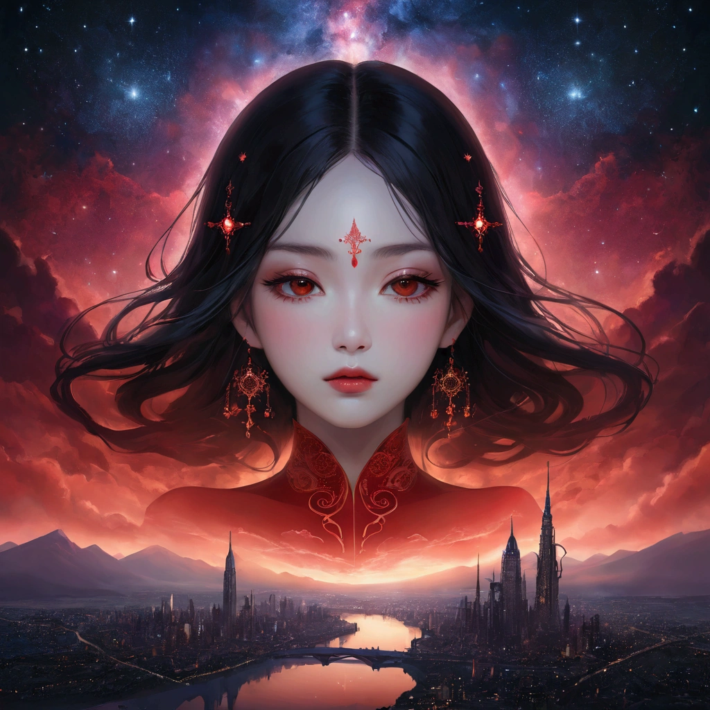 night, Attractive woman face fading away, 创造出mystery的液体阴影漩涡. Abstract liquid aesthetics, Its delicate features are distorted but still fascinating., Starry Sky,fantasy,magic,mystery,illusory,Dreamy,Inverted red symmetrical city silhouette in the sky, Dramatic lighting,high quality,Octane Rendering,Concept map of the scene,