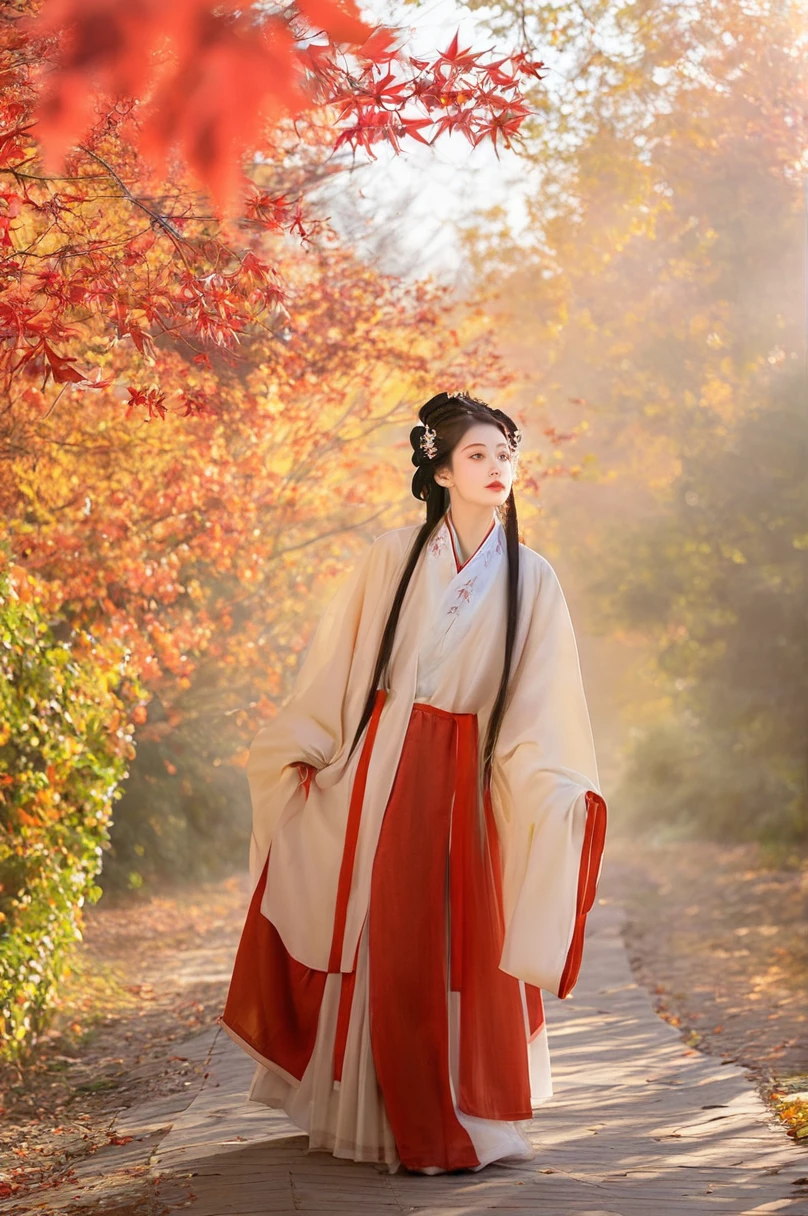 ray tracing, glass-like sparkling eyes are blurry and dreamy,
hair ornament, long hair, hanfu beauty,
On the maple-lined path of an autumn day, a woman wears a daopao robe from the Ming dynasty, the cross-collared shan design flutters in the wind, contrasting sharply with the red of the maple leaves, revealing a poetic essence of autumn.
backlighting, low angle shot, from below, wide shot, dutch angle, full body shot, hazy, fog, depth of field, soft,stunning colors,light particles,exquisite facial features,