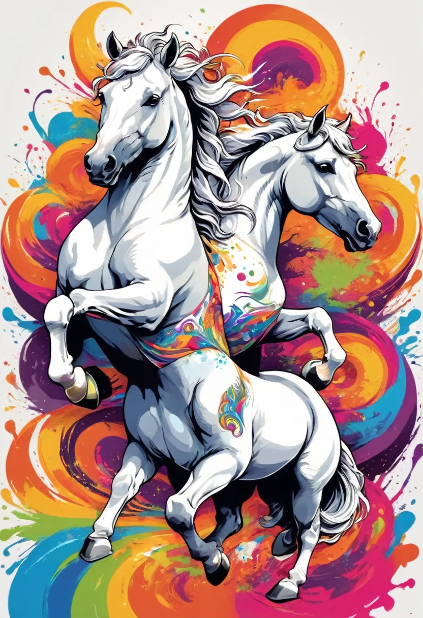 A t-shirt with vector art of a colorful illustration with two white horses riding, At the center, swirly vibrant colors, paint splashes and smears, high détail, t-shirt designs
(work of art, best qualityer, proffesional, perfect composition, very aesthetic, absurdrez, super verbose, details Intricate:1.3)