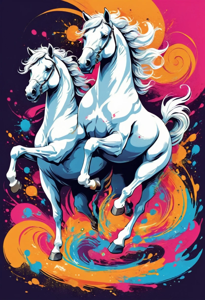 A t-shirt with vector art of a colorful illustration with two white horses riding, At the center, swirly vibrant colors, paint splashes and smears, high détail, t-shirt designs
(work of art, best qualityer, proffesional, perfect composition, very aesthetic, absurdrez, super verbose, details Intricate:1.3)