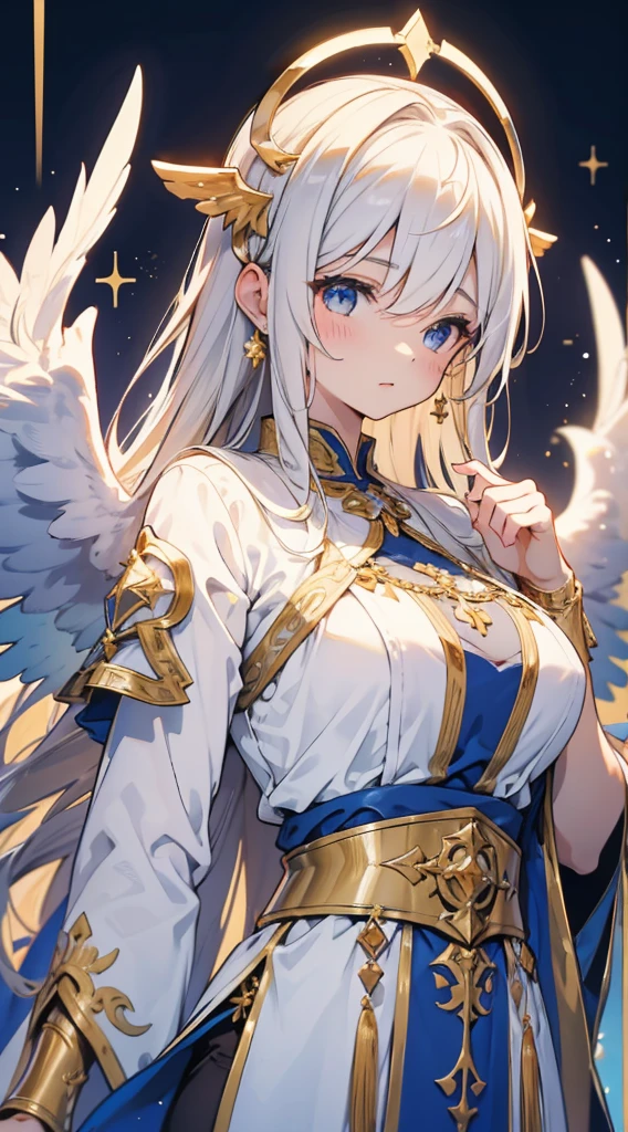 goddess，Fantasy style，Magic Style，Greek style，White gold color scheme，White and gold，goddess，Halo，Divinity，wing，wing，wing，wing，wing，Big breasts大屁股，Big breasts，Full figure，Royal sister，graceful，Noble temperament，robe，高开叉robe，高开叉robe，裸露的thigh，thigh，thigh，Golden runes，Kingdom of Heaven background，Ancient Greek temple background，Close-up above the waist，Upper body close-up，Western style，Western style clothing，古希腊robe，Gods，Divinity，goddess，wing，goddess，goddess，Gods，cross