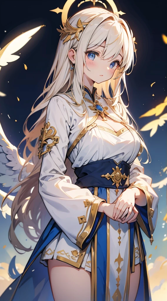 goddess，Fantasy style，Magic Style，Greek style，White gold color scheme，White and gold，goddess，Halo，Divinity，wing，wing，wing，wing，wing，Big breasts大屁股，Big breasts，Full figure，Royal sister，graceful，Noble temperament，robe，高开叉robe，高开叉robe，裸露的thigh，thigh，thigh，Golden runes，Kingdom of Heaven background，Ancient Greek temple background，Close-up above the waist，Upper body close-up，Western style，Western style clothing，古希腊robe，Gods，Divinity，goddess，wing，goddess，goddess，Gods，cross