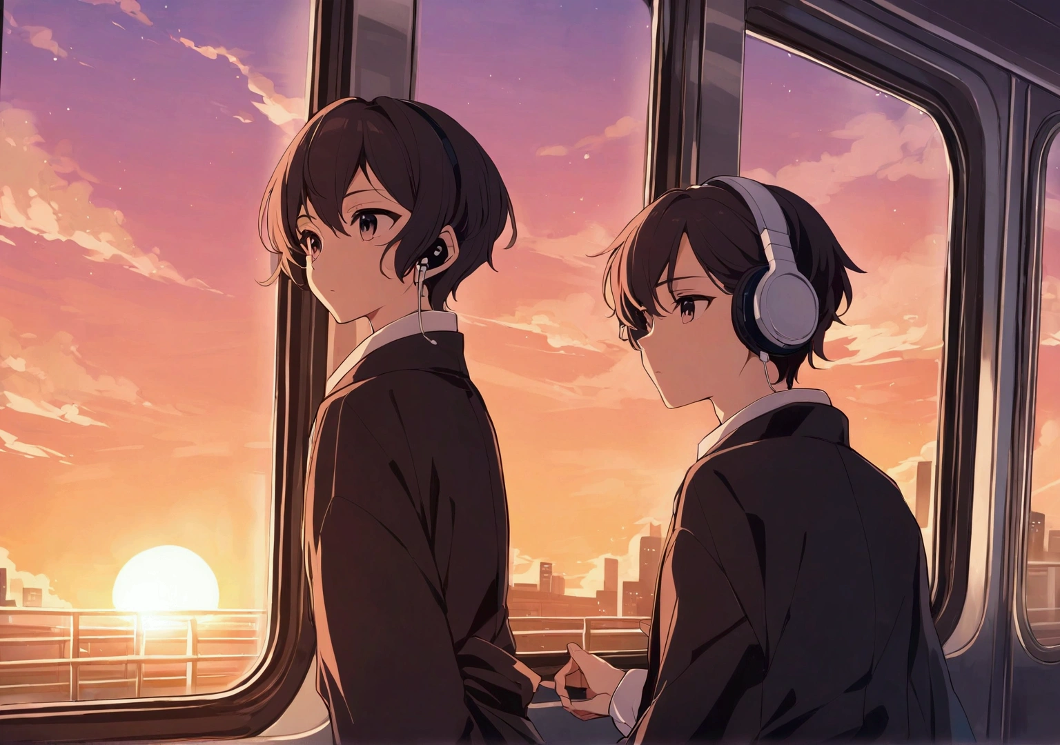 Boy wearing headphones and listening to music、on the train、Looking out the train window、sunset、Kaibe、Japanese anime style