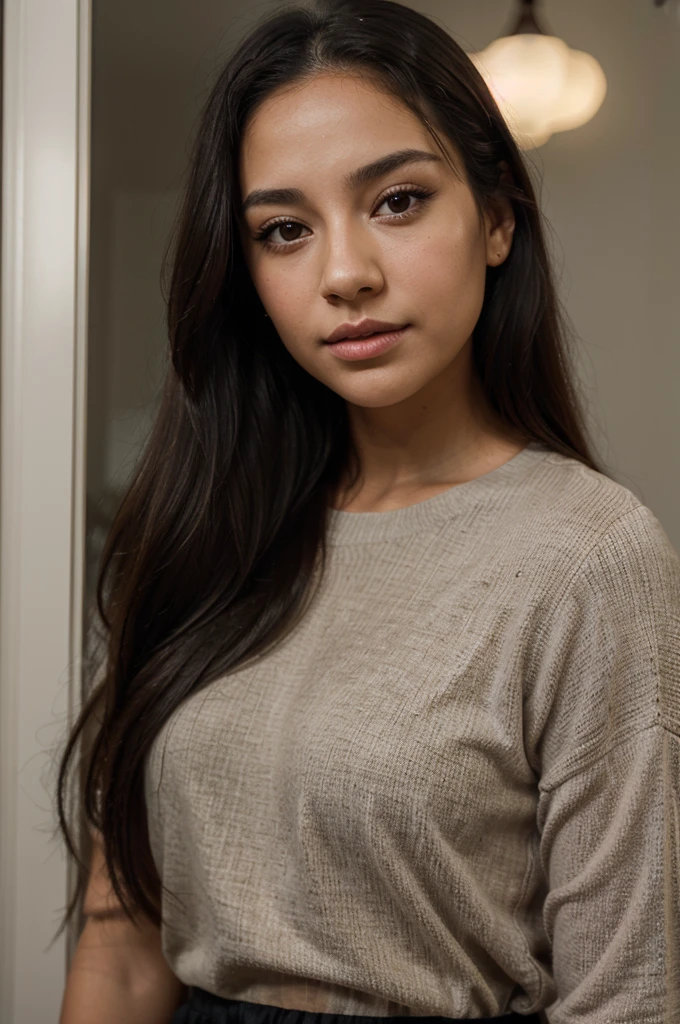 a beautiful young woman, cute woman, pretty woman, face detailled, lightnning luminosity, persistant regard, beautiful look, detailed portrait, realistic, long black hair, gorgeous face, plump lips, black eyes, small nose, dimple, high quality, 8k, hyper realistic, photorealistic award winning, studio lighting, latina girl, mixed race, bronze, little face, cute face