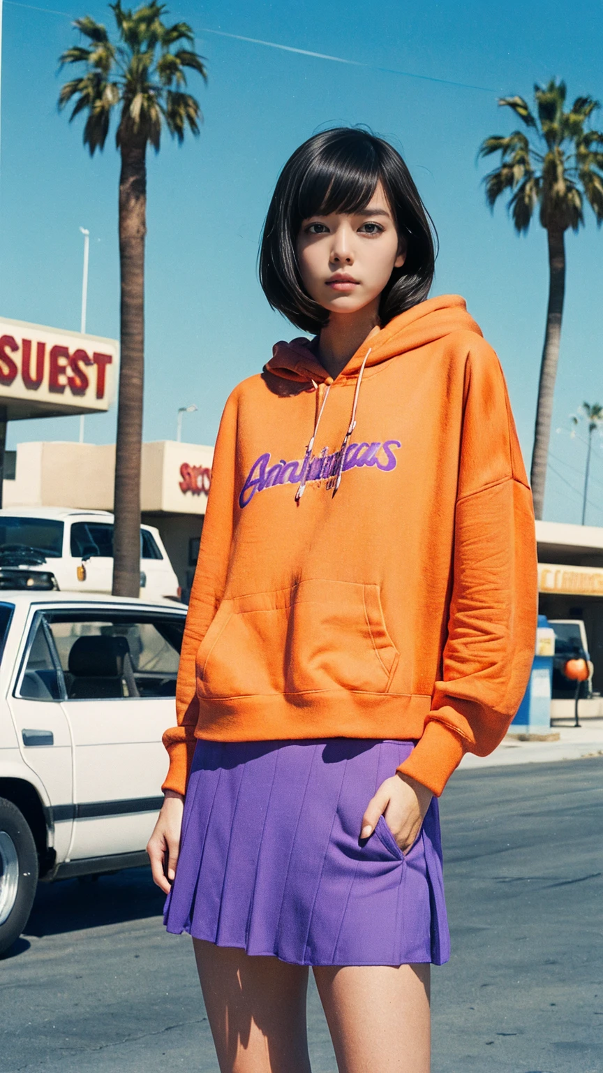 photo cinematic photograph long shot portraits by Wes Anderson, cute 23 yo girl ,fokus, bokeh ,wear ((orange color oversized_hoodie)), wear ((purple tennis skirt)),looking front,Best Quality,Masterpiece,Ultra High Resolution,(Realisticity:1.4),Original Photo, 1Girl, light leak,ultra high resolution,UHD,beautiful, (black bob hair), almond eye, no makeup, in front of ((80's los angles gas station)), (realistic:1.2), (surreal:1.3), (very detailed:1.1), ((masterpiece)),summer, blue sky, palm trees,sunny, los angles vibes,film camera, 800mm lens,style of Philip Lorca diCorcia