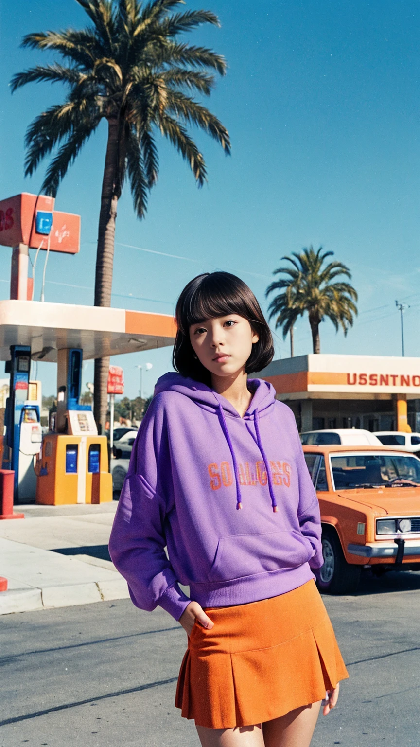  photo cinematic photograph long shot portraits by Wes Anderson, cute 23 yo girl ,fokus, bokeh ,wear ((orange color oversized_hoodie)), wear ((purple tennis skirt)),looking front,Best Quality,Masterpiece,Ultra High Resolution,(Realisticity:1.4),Original Photo, 1Girl, light leak,ultra high resolution,UHD,beautiful, (black bob hair), almond eye, no makeup, in front of ((80's los angles gas station)), (realistic:1.2), (surreal:1.3), (very detailed:1.1), ((masterpiece)),summer, blue sky, palm trees,sunny, los angles vibes,film camera, 800mm lens,style of Philip Lorca diCorcia