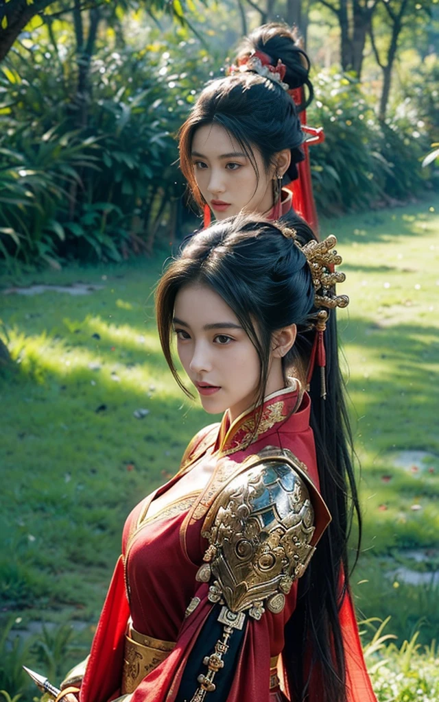 Game Art,Best picture quality,Maximum resolution,8K,(Half-length photo),(Head close-up),(Rule of Thirds),Unreal Engine 5 rendering works, (Future Girl),(Female Warrior),
18-year-old Korean girl,The facial features are beautiful and delicate(A gentle smile facing the camera)(Chinese samurai),(Short ponytail hairstyle),Eyes full of details,(Large Breasts),Elegant and noble,
(Costumes with Chinese swordsman elements,figure服饰,armor,The costume is red and gold,Heavy Armor,Joint armor),(Chinese Hanfu:1.3),figure,Fantasy style,
Photo poses,Field background,light,Ray Tracing,Game CG,((3D Unreal Engine)),oc rendering reflection pattern,
