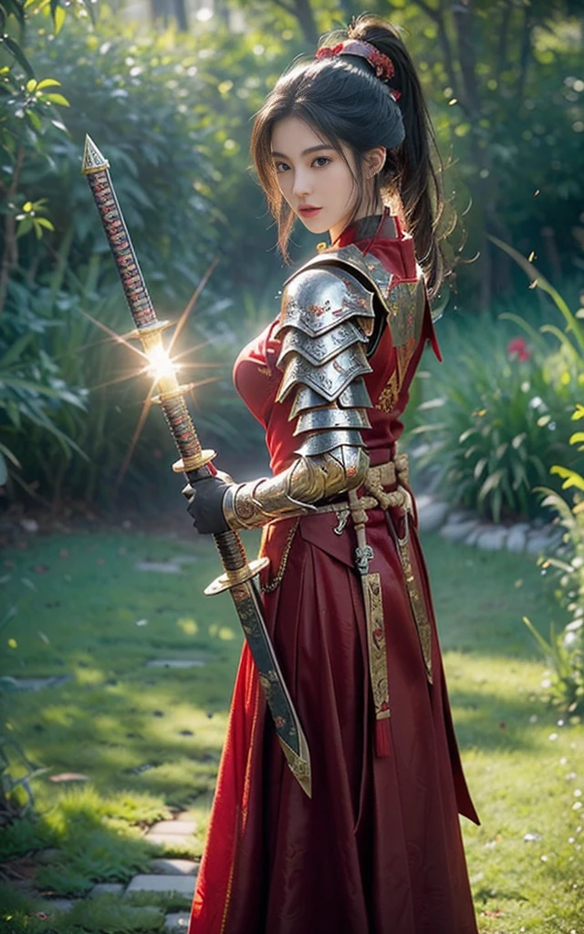 Game Art，Best picture quality，Maximum resolution，8K，(Half-length photo)，(Head close-up)，(Rule of Thirds)，Unreal Engine 5 rendering works， (Future Girl)，(Female Warrior)， 
18-year-old Korean girl，The facial features are beautiful and delicate（A gentle smile facing the camera）(Chinese samurai)，(Short ponytail hairstyle)，Eyes full of details，(Large Breasts)，Elegant and noble，
(Costumes with Chinese swordsman elements，figure服饰，armor，The costume is red and gold，Heavy Armor，Joint armor)，(Chinese Hanfu:1.3)，figure，Fantasy style，
Photo poses，Field background，light，Ray Tracing，Game CG，((3D Unreal Engine))，oc rendering reflection pattern，