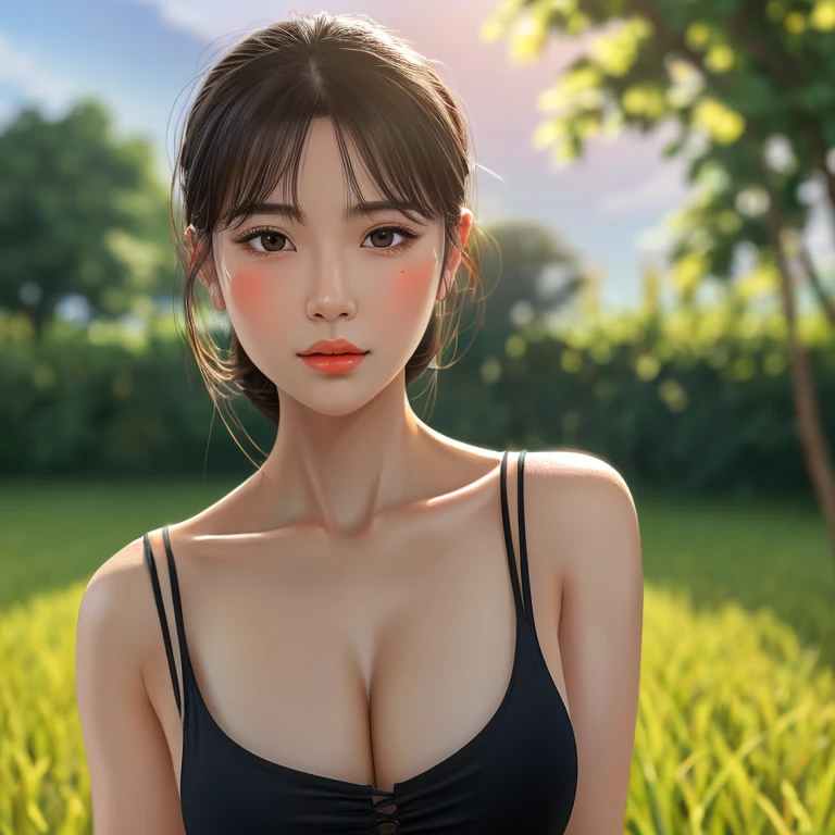 Harafe woman with round face, ponytail, Looking straight at the camera, weatherโต,weather, Double eyelids, black eyes, very large breasts, 38 inches, The chest is round and curved and shiny., abdominal muscles, Thai anime, perfect body, Thai anime, Wear a round neck shirt., (digital painting, HDR, high contrast), straight face), (Highest quality),(Masterpiece:1.3),(sharp focus:1.2),glowing face, (Red cheeks:1.4), standing walking outdoors, The background is a rice field., The evening sun shines beautifully and realistically.,