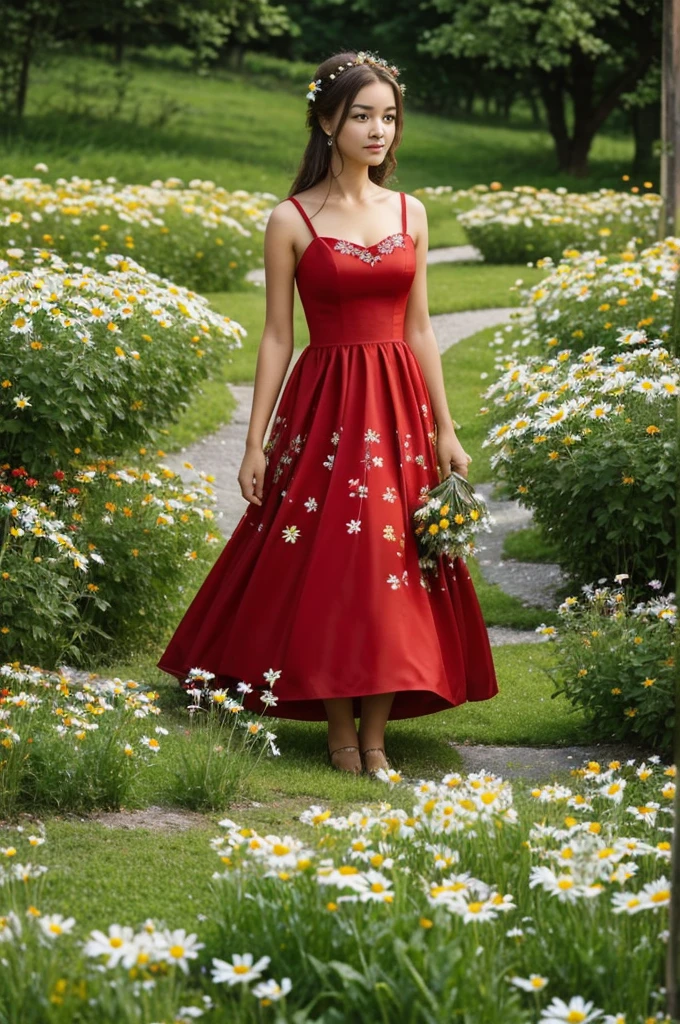 ((Best quality)), ((masterpiece)), (detailed), 1 beautiful girl, who wears a red dress in a flower garden . She collects daisies in the sky, birds and crucian carp white shells  . 