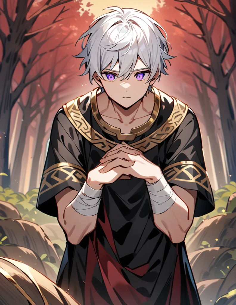 small Greek boy with white hair, violet eyes, wearing an all-black Greek shirt with small gold details, with his arms covered in bandages, carrying a large stone with both hands, with a red forest of dry trees in the background