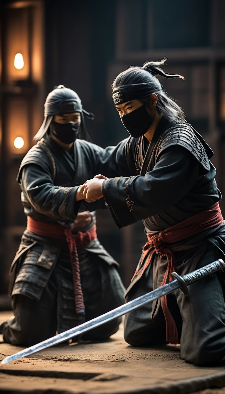 A ninja handing over a scroll to Ieyasu as a symbol of loyalty, hyper realistic, ultra detailed hyper realistic, photorealistic, Studio Lighting, reflections, dynamic pose, Cinematic, Color Grading, Photography, Shot on 50mm lens, Ultra-Wide Angle, Depth of Field, hyper-detailed, beautifully color, 8k