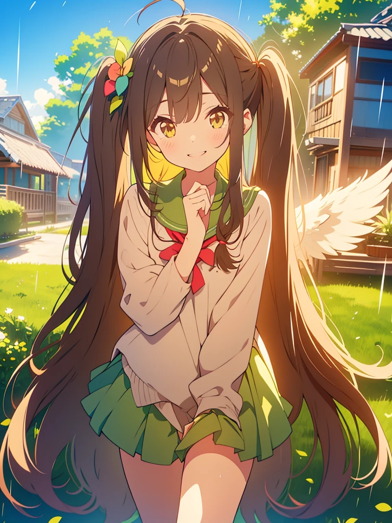 kawaii, anime, Cute, hyper quality, highly detailed, 16k, Front facing, Clarity, girl, brown long hair, green eyes, smile, two girls, Both girls have long dark brown hair., golden eyes, green kiwi, golden kiwi, pale colors, Fluffy feeling, light atmosphere, dazzling light, highlight on eyes, smiling, wink, Dark brown twintails and long dark brown hair, , whole body, fold one's hands, A good friend, close one eye, angel feather hairpin, kiwi hairpin, private clothes, skirt, spring, Not three people, Two persons, after the rain, blue sky, in town,