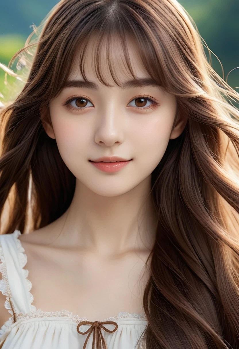 ((Highest quality))) (((High resolution))) (((8K))) (character) 20-year-old girl, ((Adventurous)) Fairy, ((beautiful)) and ((Happy)), ((Brown Hair)) and ((Long Hair)).