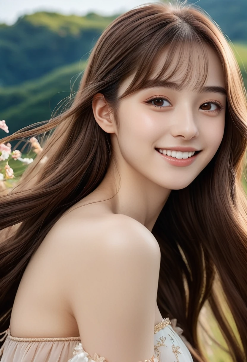 ((Highest quality))) (((High resolution))) (((8K))) (character) 20-year-old girl, ((Adventurous)) Fairy, ((beautiful)) and ((Happy)), ((Brown Hair)) and ((Long Hair)).