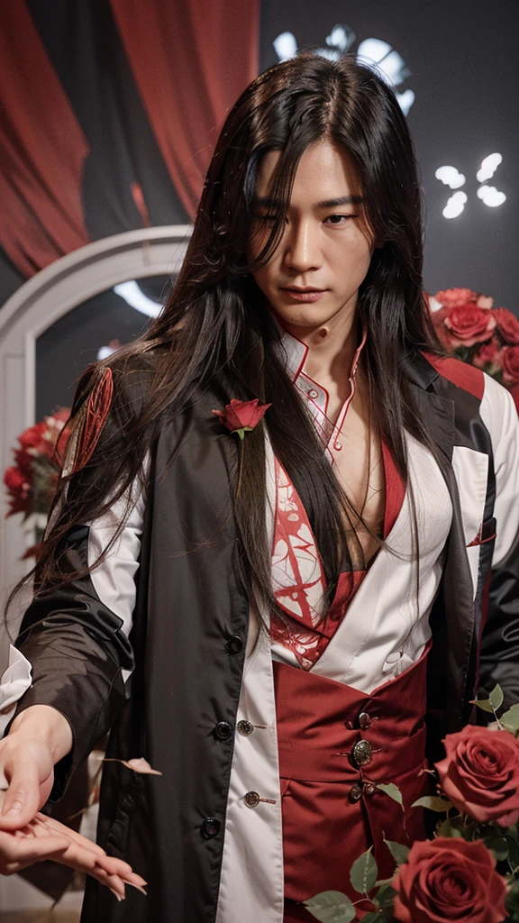 hua cheng, he holds a rose in his hand 