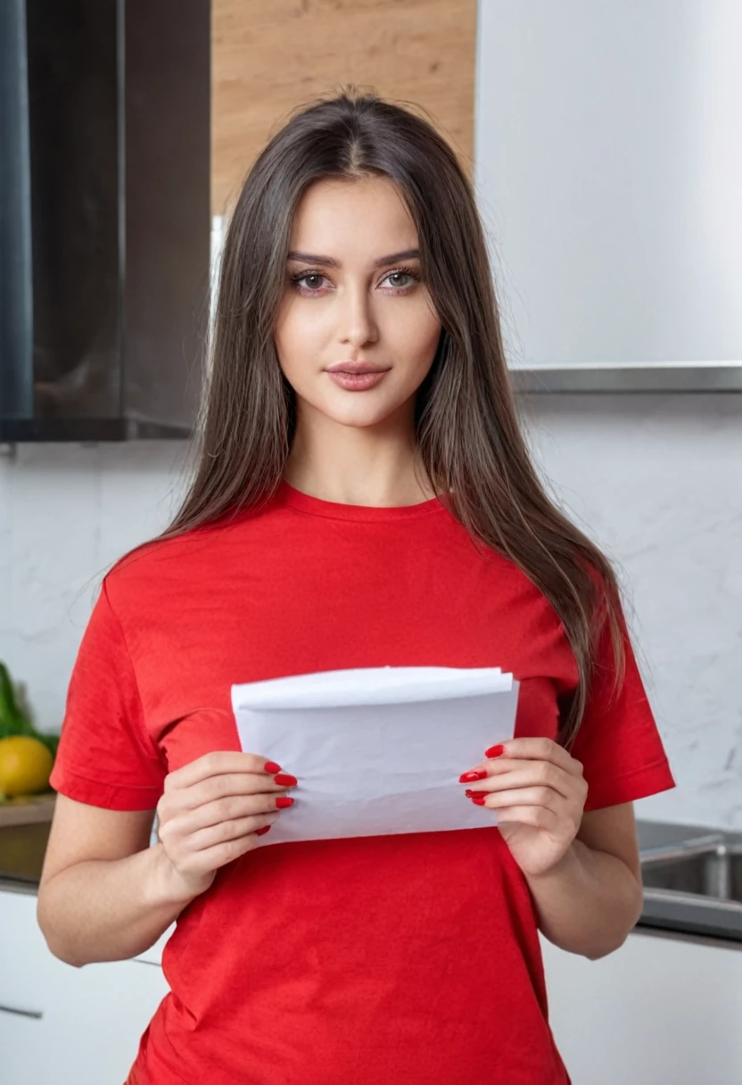 dark brown long haired European sexy curved juicy big tits girl in a red T-shirt is holding a piece of paper in her hands looking at the camera, kitchen daylight