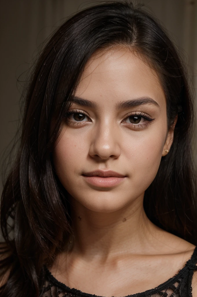 a beautiful young woman, cute woman, pretty woman, face detailled, lightnning luminosity, persistant regard, beautiful look, detailed portrait, realistic, long black hair, gorgeous face, plump lips, black eyes, small nose, dimple, high quality, 8k, hyper realistic, photorealistic award winning, studio lighting, latina girl, mixed race, bronze, little face, cute face