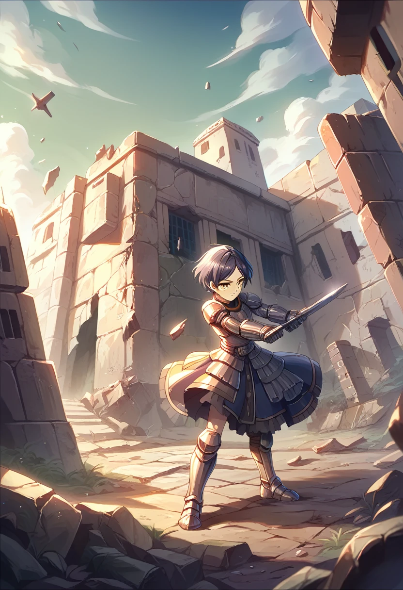 18-year-old,high school girl,armored dress,whole body,shiny navy hair, short hair, Parted bangs, Yellow Eyes,battlefield,ruins,Broken Town,war,Adversary