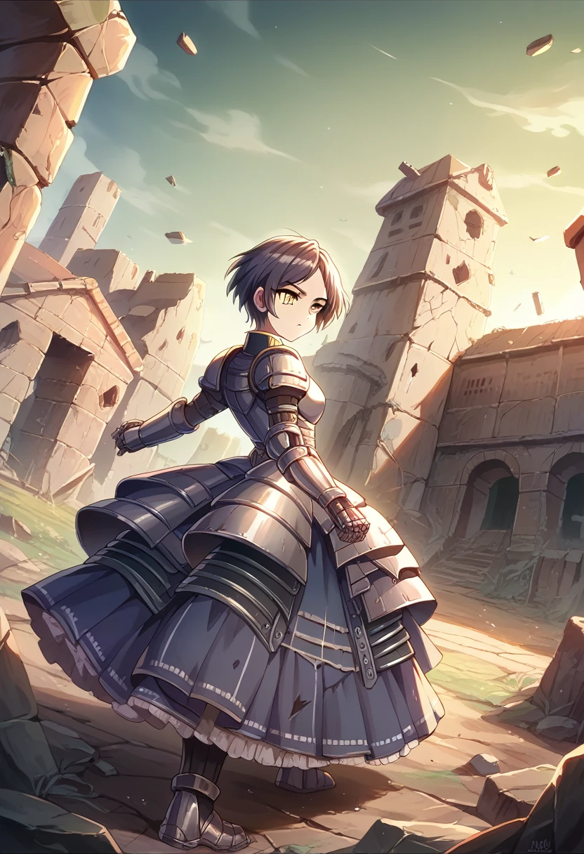 18-year-old,high school girl,armored dress,whole body,shiny navy hair, short hair, Parted bangs, Yellow Eyes,battlefield,ruins,Broken Town,war,Adversary