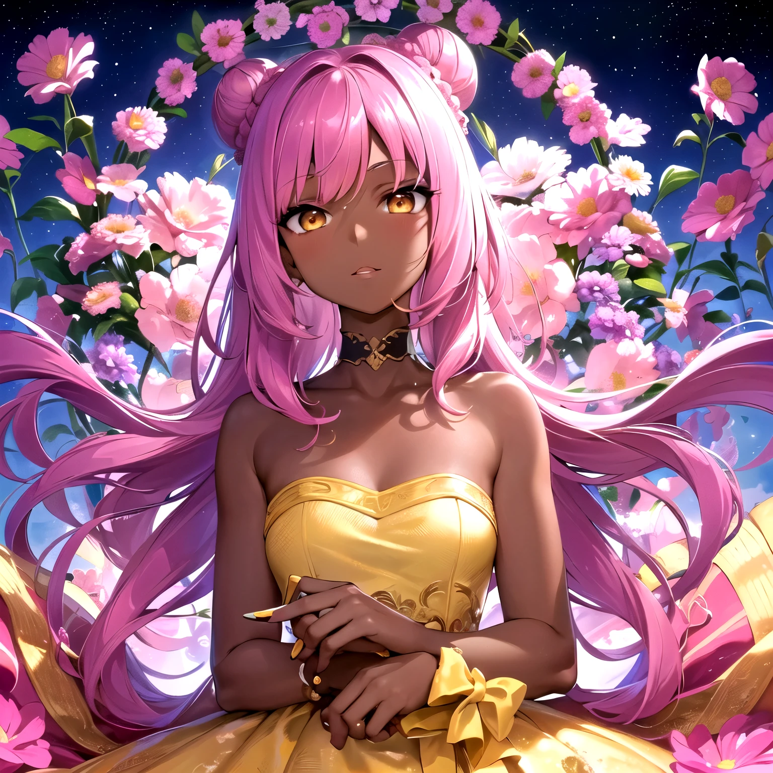4k, high quality, colorful, super detailed eyes and face, 1female, young, , (dark skin:1.2), yellow eyes, (pink-clear hair), bun hair, looking at viewer, princess dress, looking at viewer, upper body, sky, flowers, alone,