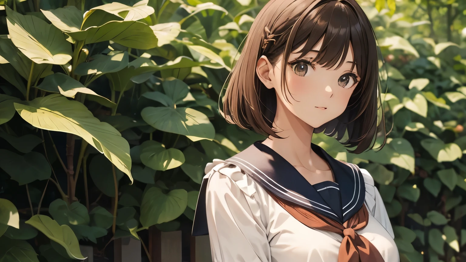 A beautiful woman wearing a brown sailor suit with lots of frills and lace　Long sleeve　Brown bob with hair ornament　Upper Body