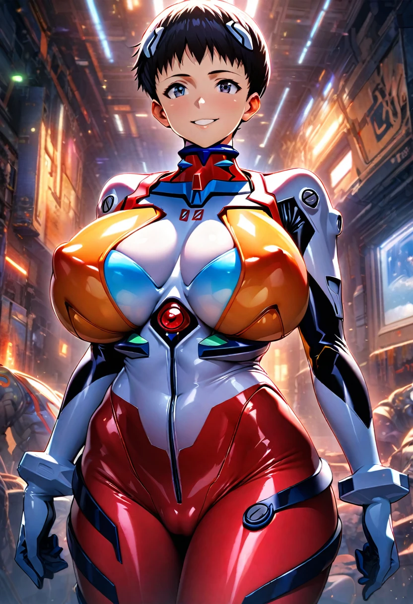 Evangelion plugsuit, male focus, Shinji Ikari, pilot suit Shinji Ikari Super huge big breasts breast enlargement looking at the camera and smiling full-body shot illustration, ultra-detailed, HDR, vibrant colors, soft lighting
