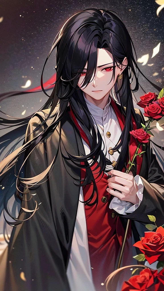 hua cheng, he holds a rose in his hand 