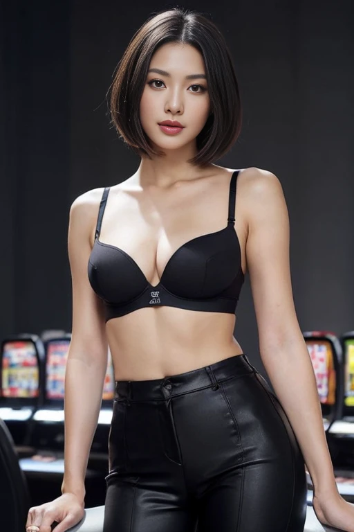 (Color photography), Realistic photos of beautiful Asian people.、Slim stomach, (B Cup Haircut Highlights:1.2), middle of chest, round shaped chest, Perfectly shaped breasts,(( )),((low waist pants, black underwear)), (()), As she confidently poses in front of the camera, , studio lights, gray background, whole body, (random background,In casinos,VIP casino room, Modern Casino Console, Modern Slot Machines )