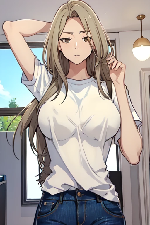 MiaChadef, long hair, blonde hair, brown eyes,
portrait, large breasts, jeans, standing, blue pants, upper body, looking at viewer,
masterpiece, best quality, showing breasts